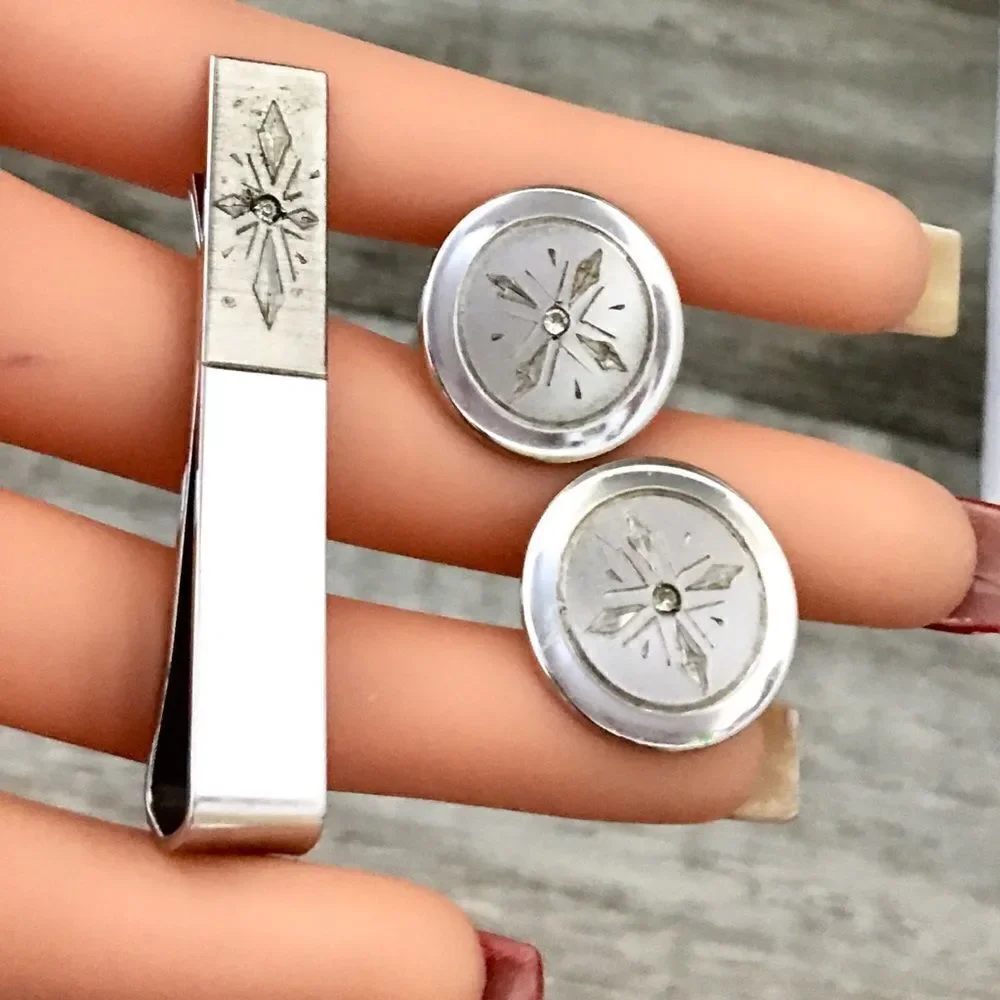 Vintage Kreisler 925 Sterling Silver Diamond Cufflinks Tie Bar Set 1206